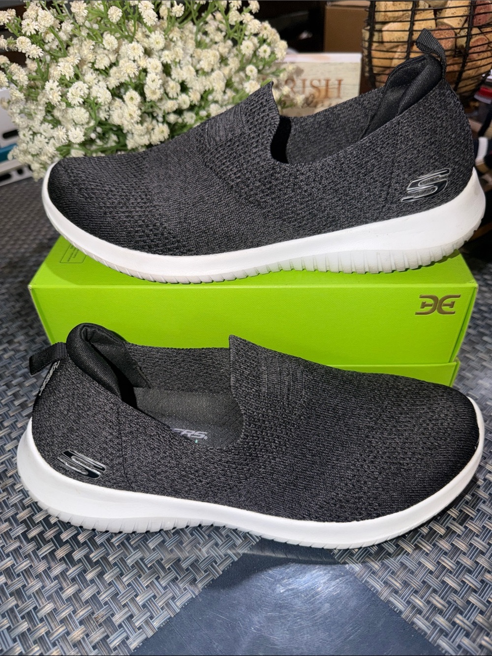 Skechers Women's Slip-On Knit Sneaker in Charcoal and White